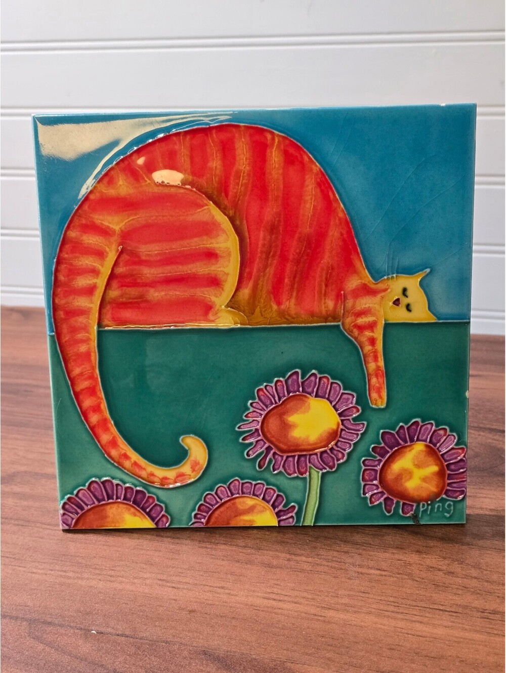 Signed Ping Ceramic Art Tile Orange Cat Flowers Whimsical Wall Decor